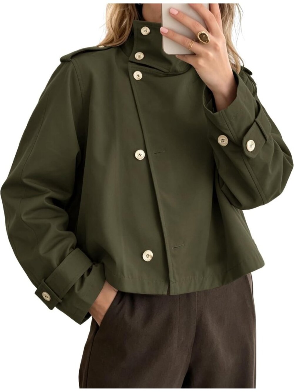 Women’s Army Green High Neck Cropped Button Down Windbreaker Jacket Trench Coat